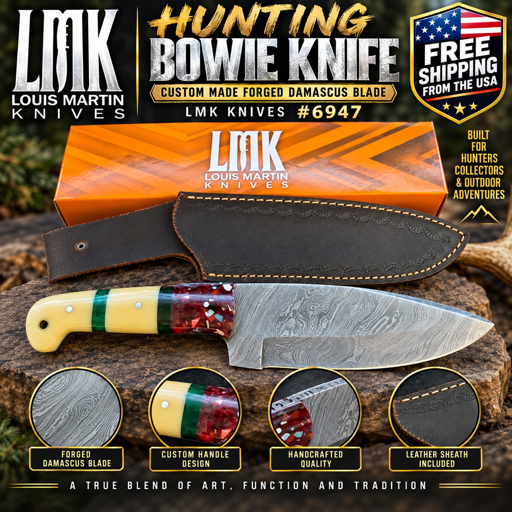 LMK Knives #6947 10.5" Hunting Bowie Knife Custom Forged Damascus Blade Sheath